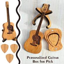 1 peça de palhetas de guitarra, caixa de palhetas em formato de guitarra, estojo de madeira personalizado, inclui 3 palhetas, adequado para guitarra, baixo, ukulele, cor de madeira natural