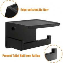 New  Matte Black Toilet Paper Holder  Shelf & 4 Towl Sticky Hooks, Self-Adhive Or Screw Mount Toilet Paper Roll Tissue Holder, SUS 304 Stainls Steel, Rustproof For RV& Bathroom Home - 黑色層架+4個掛鉤 - 查看 4