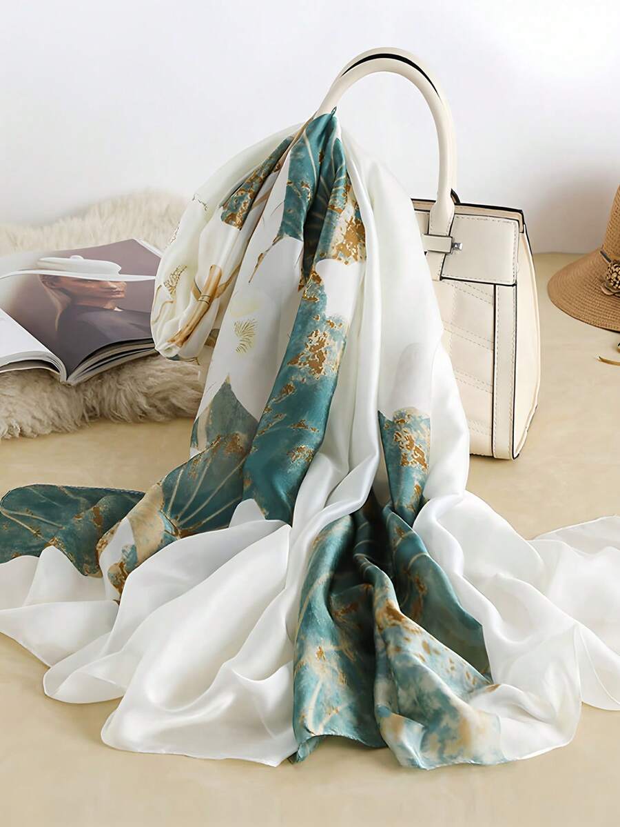 1 件女士时尚莲花印花缎面假日防晒披肩围巾适合日常穿着优雅头巾、发带、头带非常适合装扮您的外观 - 白色 - 查看 1