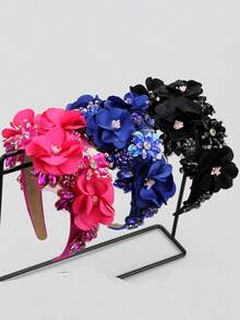 1pc Handcrafted Artificial Flower Fabric Hairband With Rhinestone Baroque Design, Great Valentine's Day Gift, Hairband Headband For Women ,Hair Accessories - Red - View 2