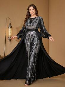 [Random Cut] Women Jumpsuits V-Neck Lantern Sleeve Shiny Sequins Elegant 2-Way Party Cocktail Flare Pants