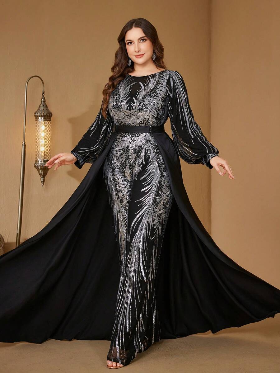 [Random Cut] Women Jumpsuits V-Neck Lantern Sleeve Shiny Sequins Elegant 2-Way Party Cocktail Flare Pants