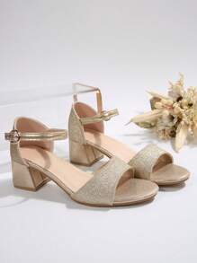 1 par de sandalias romanas con tira en T, puntera redonda, tacón grueso de 5 cm, hebilla metálica, diseño con brillo, para adolescentes y mujeres, de moda lujosa y adorable, adecuadas para uso diario, fiestas, baile, vacaciones, escuela u oficina, para uso interior/exterior, nueva colección primavera/verano 2025