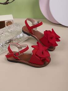 1 par de sandalias planas de color liso con diseño de lazo, de moda para uso al aire libre en verano para niñas - Rojo - Ver 3