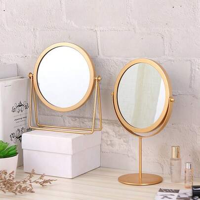 Support de miroir de maquillage en métal de style INS, petit miroir rond sur pied haut de bureau, miroir de vanité autoportant