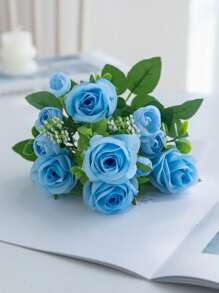 2Pcs/1Pc/Bunch Artificial Roses Flowers 13" Plastic Eucalyptus Bouquet Autumn Decorations Blue Artificial Flower Fake Plants Valentine's Day Vase For Home Wedding Decor Outdoor Garden Wedding Bouquet Living Room DIY Garland Household Products