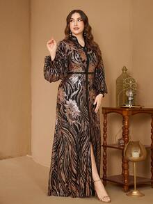 Váy dạ hội cổ cao lấp lánh tay đèn lồng thắt eo xẻ tà - Vàng - Xem 4