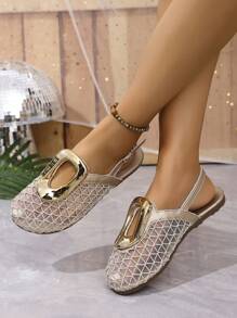 Women's Summer New Headscarf Mesh Circle Buckle Woven Flat Sandals, Fashion Versatile Breathable Slip-On Vacation Slippers