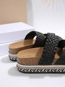 2026 Spring/Summer New Women's Sandals, Double Strap, Rhinestone Fashionable Thick-Soled Slippers, Random Floral Patterns, Essential For Vacation & Beach, Suitable For All-Day Wear - Black - View 9