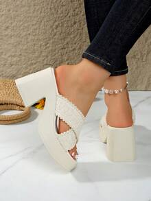 Thick Sole Slide Sandals For Women, Open Toe Chunky High Heel Slippers, Summer New Arrival - Beige - View 3