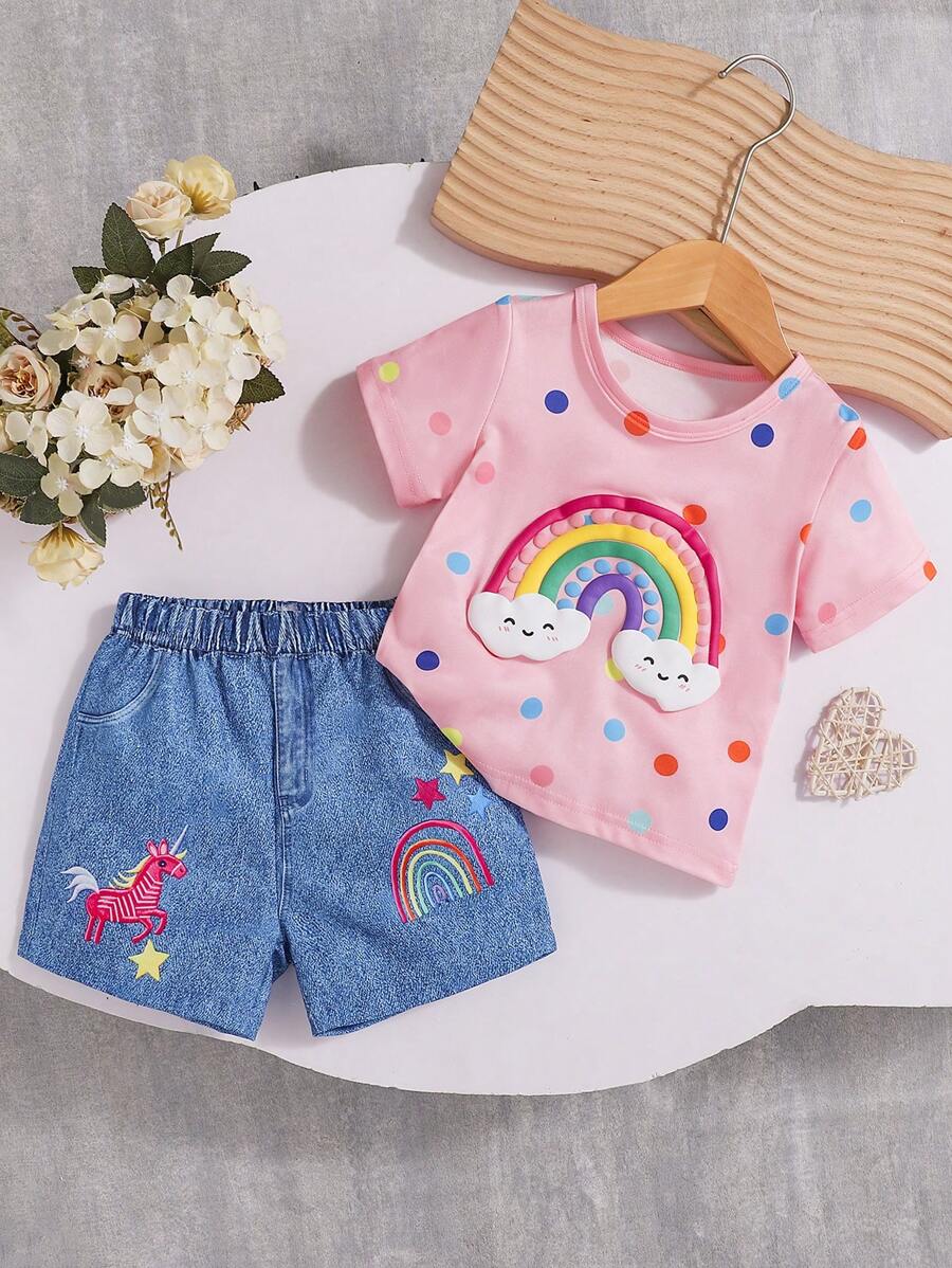 Infant Girls' Cute Cloud Print T-Shirt And Shorts 2-Piece Casual Outfit, Spring/Summer