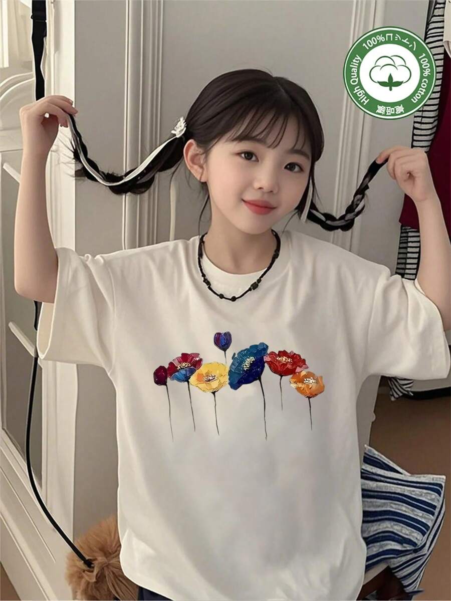 Girls' 100% Cotton Loose Short Sleeve T-Shirt - Cute Printed Summer Casual Tops, Breathable Crew Neck Design, Machine Washable, Lively And Childish Printed T-Shirt