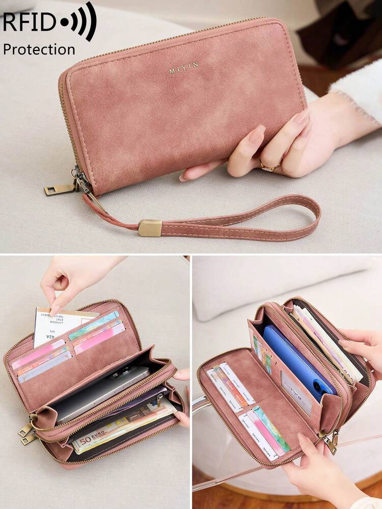 MIYIN Billetera vintage de gran capacidad con doble cremallera, bolso de mano elegante, monedero de muñeca con múltiples ranuras para tarjetas y soporte para teléfono, tarjetero minimalista de unicolor con bloqueo RFID, bolso tote multifuncional para mujer para fiestas, compras, viajes, etc., regalo de cumpleaños, regalo del Día de San Valentín - Multicolor - Añade 6