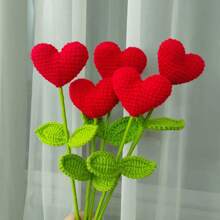 2pcs/6pcs/10pcs Hand Crocheted Heart Floral Bouquet - Handmade Yarn Heart Flowers With Green Stems, Ideal For Valentine's Day, Mother's Day, Graduation, Thanksgiving, Birthday Gifts And Special Occasions - Home Decor