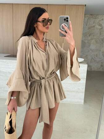 Fashionable Solid Color V-Neck Asymmetrical Tie-Up Long Sleeve Loose Mini Dress