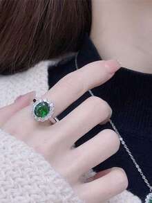 4pcs/Set Rectangle Rhinestone Stud Earrings, Necklace And Ring Set, Elegant Luxury Style Delicate Gift For Women - Green - View 6