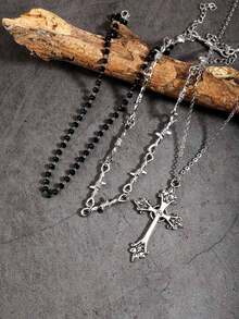 3pcs Y2K Gothic Retro Style Choker Necklaces, Goth Cross Pendant, Beaded Necklace Sets, Stylish Bohemian Star Pendant Necklaces, Hiphop Fashion Jewelry Set - Silver - View 3