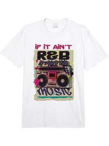 1 pieza Camiseta de manga corta de cuello redondo casual para hombre, con gráfico de radiocasete de música R&B, estilo retro de hip hop de los 90s, 220g pesado, estampado digital vintage "Si no es R&B, no es música", camiseta de verano 100% algodón con estética vintage - Blanco - Ver 1