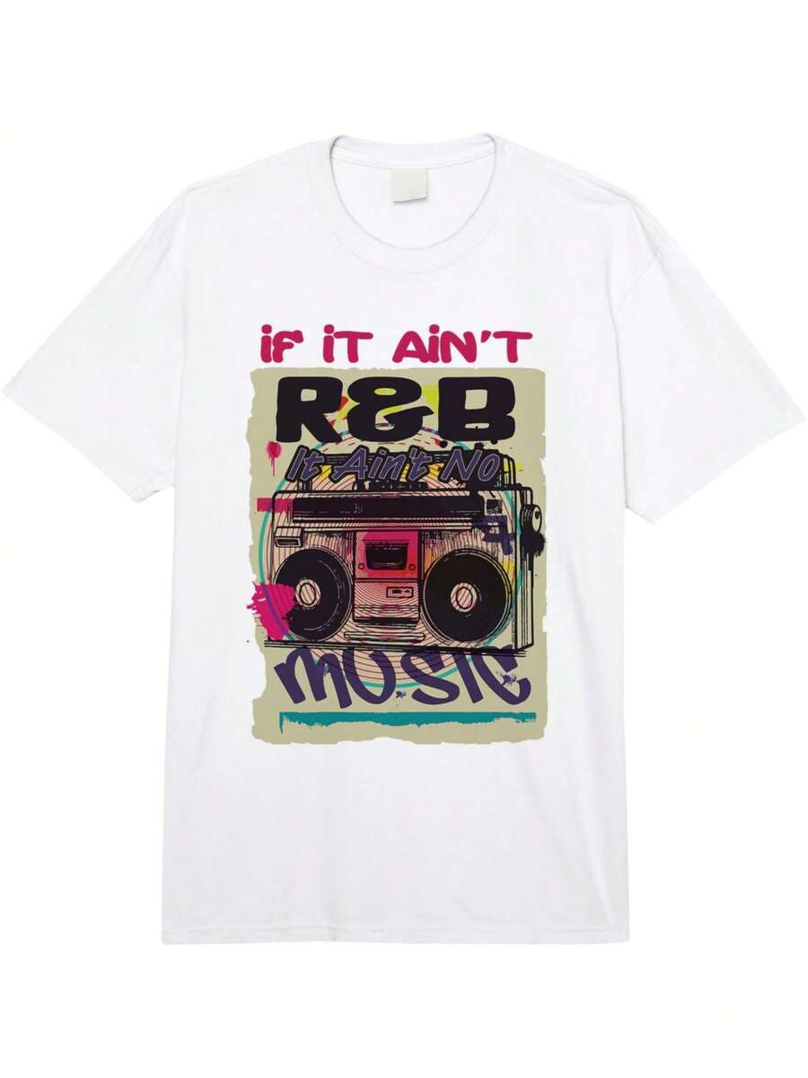 1 pieza Camiseta de manga corta de cuello redondo casual para hombre, con gráfico de radiocasete de música R&B, estilo retro de hip hop de los 90s, 220g pesado, estampado digital vintage "Si no es R&B, no es música", camiseta de verano 100% algodón con estética vintage - Blanco - Ver 1