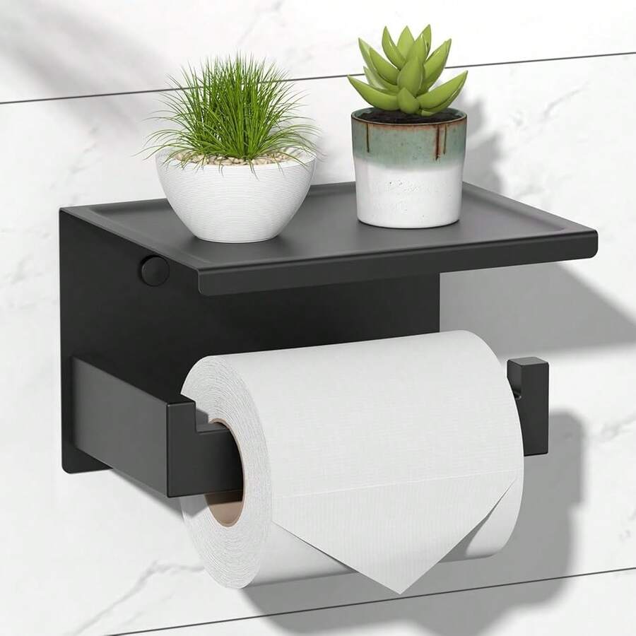 New Toilet Paper Holder Shelf, Stick On Matte Black Toilet Paper Roll Holder, Self Adhive Or Wall-Mount Screws For Bathroom,Washroom - 黑色架子 - 查看 1
