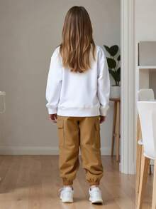 Completo da 2 pezzi con pantaloni cargo a vita alta e a costine, con motivo a cuore e scollo, casual e comodo per la primavera/autunno - Cachi - Visualizzare 2