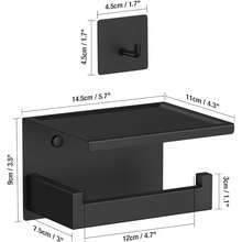 New  Matte Black Toilet Paper Holder  Shelf & 4 Towl Sticky Hooks, Self-Adhive Or Screw Mount Toilet Paper Roll Tissue Holder, SUS 304 Stainls Steel, Rustproof For RV& Bathroom Home - 黑色層架+4個掛鉤 - 查看 8