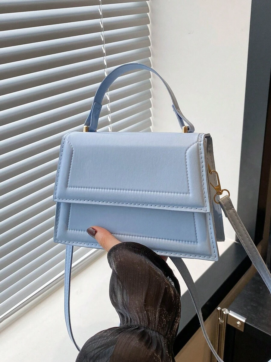 1个新款迷你时尚手提包，纯色纹理PU材质翻盖方形手提包，简约西式百搭通勤优雅单肩包，配有可拆卸可调节肩带