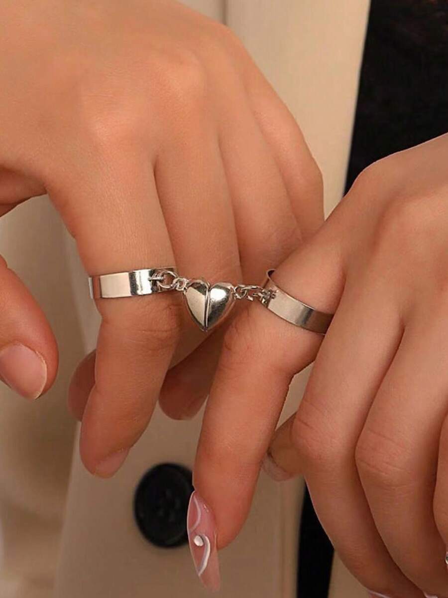 1 Pair Heart-Shaped Magnetic Adjustable Couple Rings - Love - View 1