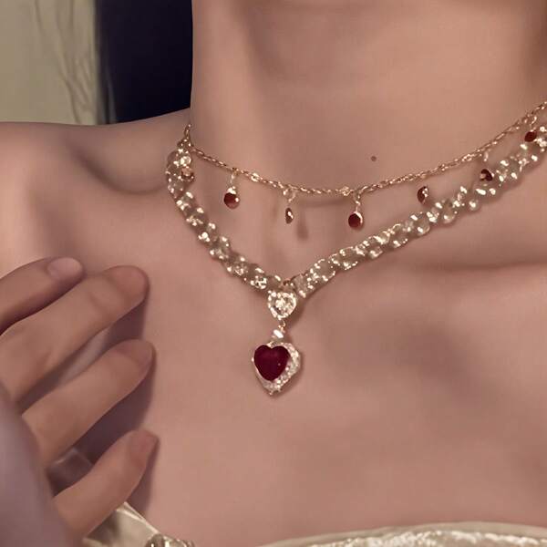 1pc Elegant Pearl Layered Heart Shaped Necklace, Delicate & Sexy, Princess Style