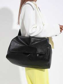 复古 PU 皮革斜挎包，大容量单肩包，纯色女士手提包，学生背包，旅行包，妈咪包 - 黑色 - 查看 4