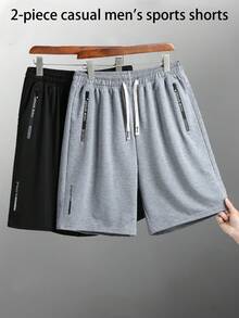2pcs/Set Men's Casual Elastic Waist Drawstring Zipper Pockets Knee Length Shorts, Summer Sports Pants - Multicolor - View 1