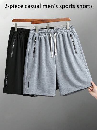 2pcs/Set Men's Casual Elastic Waist Drawstring Zipper Pockets Knee Length Shorts, Summer Sports Pants