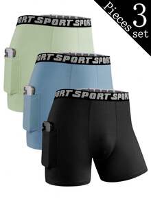 3 piezas de ropa interior larga de unicolor para hombres, suave, cómoda y ligera, adecuada para deportes de verano, de secado rápido, ropa interior deportiva, uso casual diario, adecuada para fitness, boxeo, ropa interior plana larga para hombres con bolsillos.