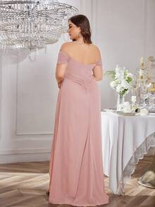 Plus Size Women Solid Color Chiffon Ruffle Crossed Waist Asymmetrical Hem Elegant Bridesmaid Dress - Dusty Pink - View 2
