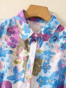 Women's Floral Print Loose Fit Lapel Button Down Shirt Elegant Casual Short Sleeve Blouse For Spring Summer Office & Daily Wear