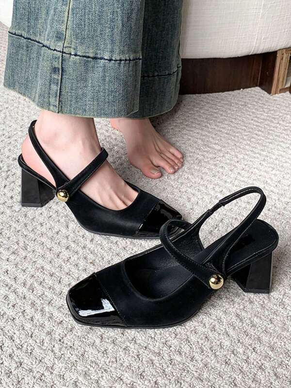 Eleganckie czółenka w stylu Mary Jane z kwadratowym noskiem, uniwersalne czarne szpilki z klamrą z tyłu, modne seksowne czarne lakierowane szpilki z odkrytymi palcami, na Walentynki