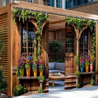 2pcs Country Style Polyester Outdoor Curtains With Wooden Arch And Flower Pot Design - Semi-Sheer, Washable, Decorative, Suitable For Garden, Patio, Porch, Balcony, Garage Door, Living Room Window