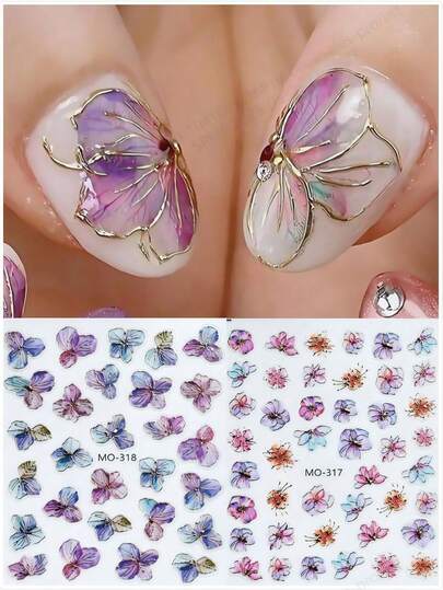 2pcs Bronzing Hydrangea Flower Nail Sticker Gold Foil Watercolor Flower Elegant Blossom Decals Adhesive Sliders Decorations Manicure Accessories Nails