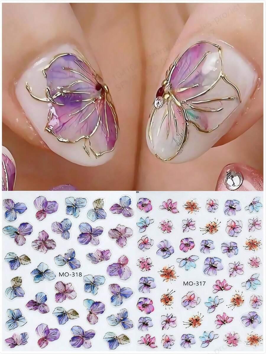 2片装烫金绣球花美甲贴纸 金箔水彩花朵优雅盛开贴花自粘滑块装饰美甲配件 指甲用品 指甲贴纸 - 彩色 - 查看 1