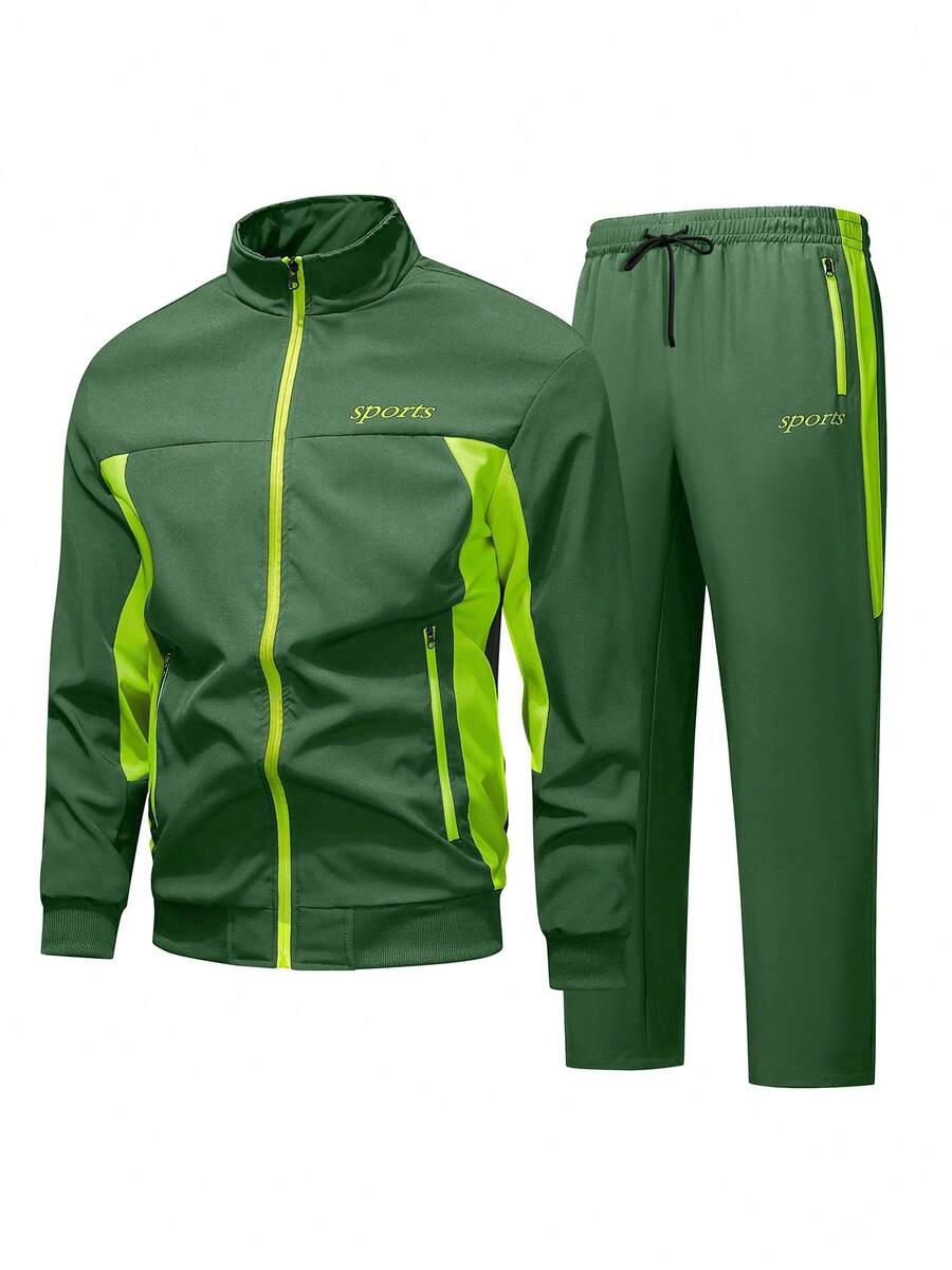 Men's Color-Blocked Zipper Sports Letter Print Sweatpants Set, Casual Fashion And Comfortable Sportswear For Everyday Wear, Suitable For Gym And Outdoor Activities Two-Piece Pack - 綠色 - 查看 1