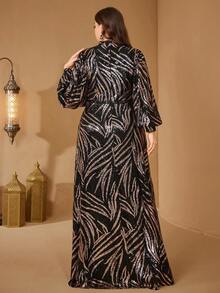 SUPGIR Plus Size V-Neck Lantern Sleeve Sequin Formal Evening Gown, Party Dress, Wedding Guest Dress, Maxi Dress, Autumn Women Clothing Vacation - Gold - View 2