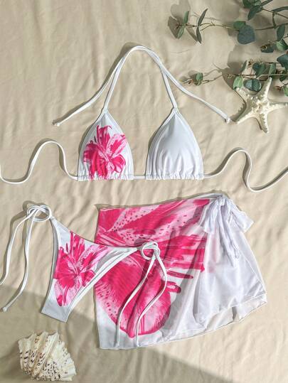 3pcs/Set Women Gradient Tropical Floral Print Bikini Set, Adjustable Bikini Top Straps, Tie Side Triangle Bottoms, Cover Up Skirt With Anti-Sheer Design, Suitable For Beach And Party, Ladies Swimwear And Clothing