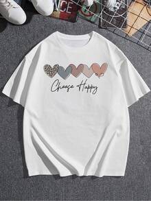 Playera informal de verano para mujer con estampado de amor colorido, cuello redondo, mangas cortas, 100 % algodón, 220 g de algodón grueso - Blanco - Ver 3