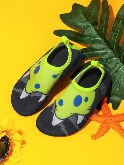 1 双儿童一脚蹬水鞋，弹力网眼鞋面，防滑橡胶鞋底，卡通印花，适合海滩、户外运动、室内运动、瑜伽、跑步，速干，轻便