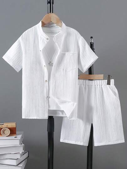 2pcs/Set Boys' Textured Fabric Mandarin Collar Short Sleeve Shirt And Shorts Set, Summer, Ages 8-15