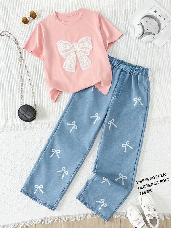 Conjunto de 2 piezas de Top de manga corta con estampado de mariposas y pantalones rectos para mujeres y adolescentes