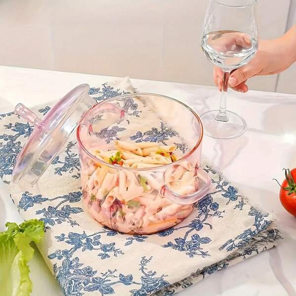 1 Casseruola in vetro a forma di cuore sfumato da 50 once (1,5 litri), con coperchio, adatta per pasta, salse, porridge, ramen, zuppe e insalate. La forma a cuore sfumata in rosa aggiunge un tocco romantico e accattivante, perfetta per l'uso quotidiano