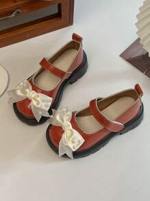 1 Pair Of 2025 New 3-12 Years Old Girls Reddish- Shoes Flat Shoes | Faux Pearl White Bow Shiny Lacquer Leather Thick Soft Sole Classic Hook And Loop Design