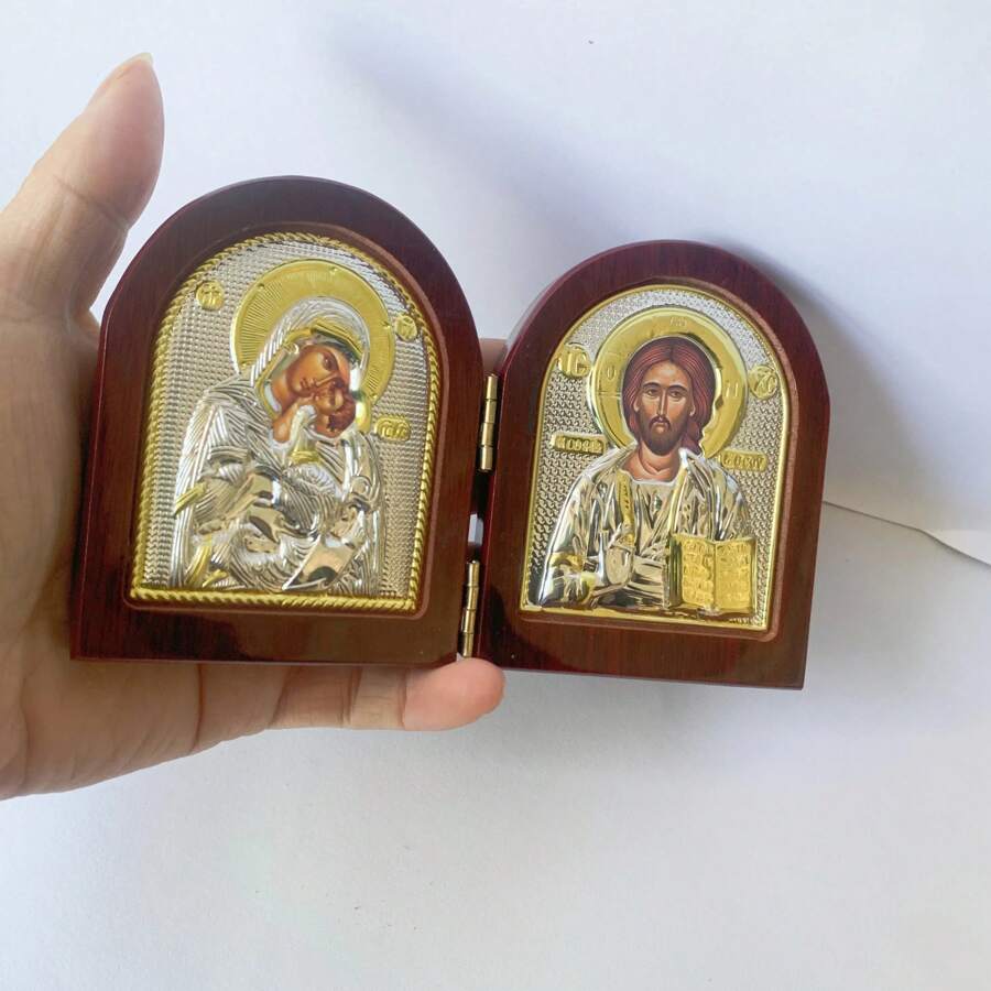 Icône en bois de Jésus Statues doubles de la Vierge Marie Décoration religieuse Cadeau de Noël, de Pâques, pour la maison, la culture, l'église