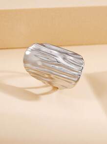 1pc Unique Textured Asymmetrical Stainless Steel Open Ring, Vintage Wide Metal Geometric Plain Band, 18K Gold Vacuum Plated, Water Resistant Fashion Jewelry For Women, Holiday Wear